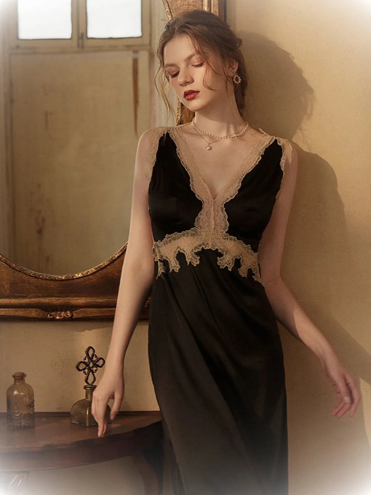 1950s Lace Backless V-Neck Satin Sleepwear sold by Retro Stage product image thumbnail 4