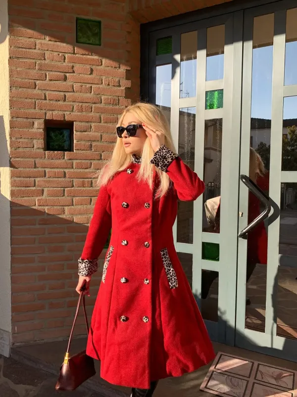 Wine Red 1950s Leopard Patchwork Button Coat sold by Retro Stage