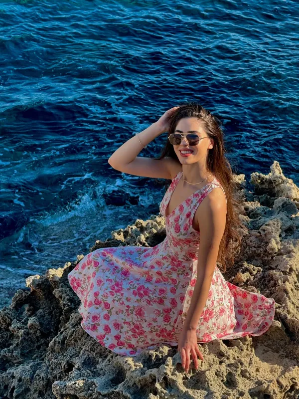 Pink 1950s Floral V-Neck Dress sold by Retro Stage