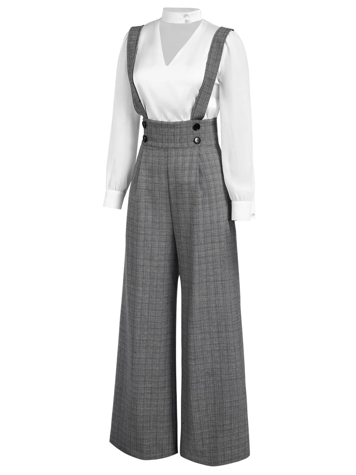 2PCS 1940s Satin Puff Sleeve Blouse & Glen Plaid Overall Pants sold by Retro Stage product image thumbnail 4