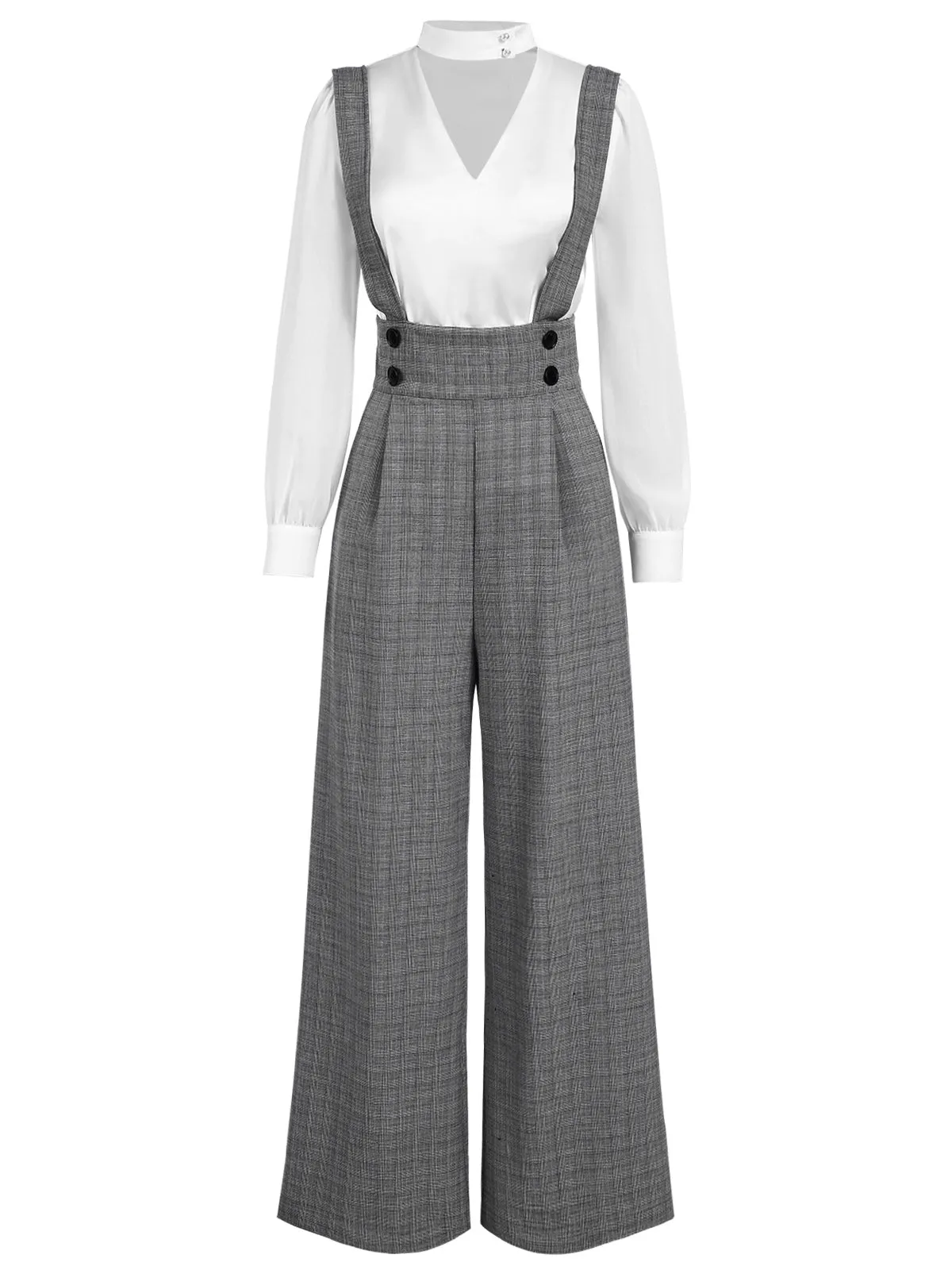 2PCS 1940s Satin Puff Sleeve Blouse & Glen Plaid Overall Pants sold by Retro Stage product image thumbnail 3
