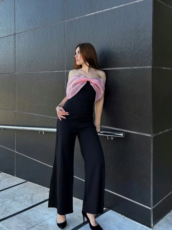 Black 1930s Solid Mesh Bow Jumpsuit sold by Retro Stage