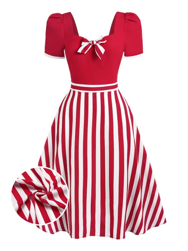 Red 1950s Striped Bow Dress sold by Retro Stage