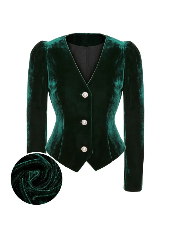 Green 1960s V-Neck Short Velvet Coat sold by Retro Stage