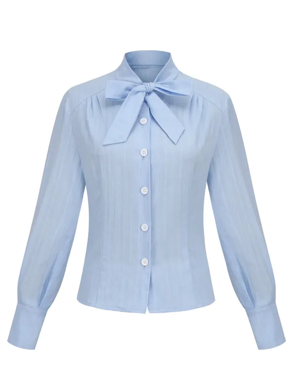 Light Blue 1950s Bow Collar Blouse sold by Retro Stage