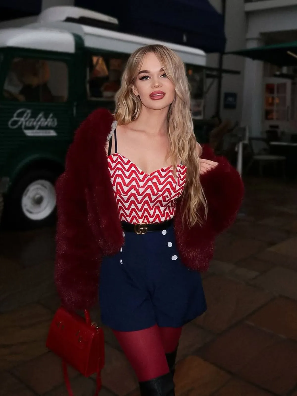 Red & Blue 1950s Chevron Stripe Strap Romper sold by Retro Stage