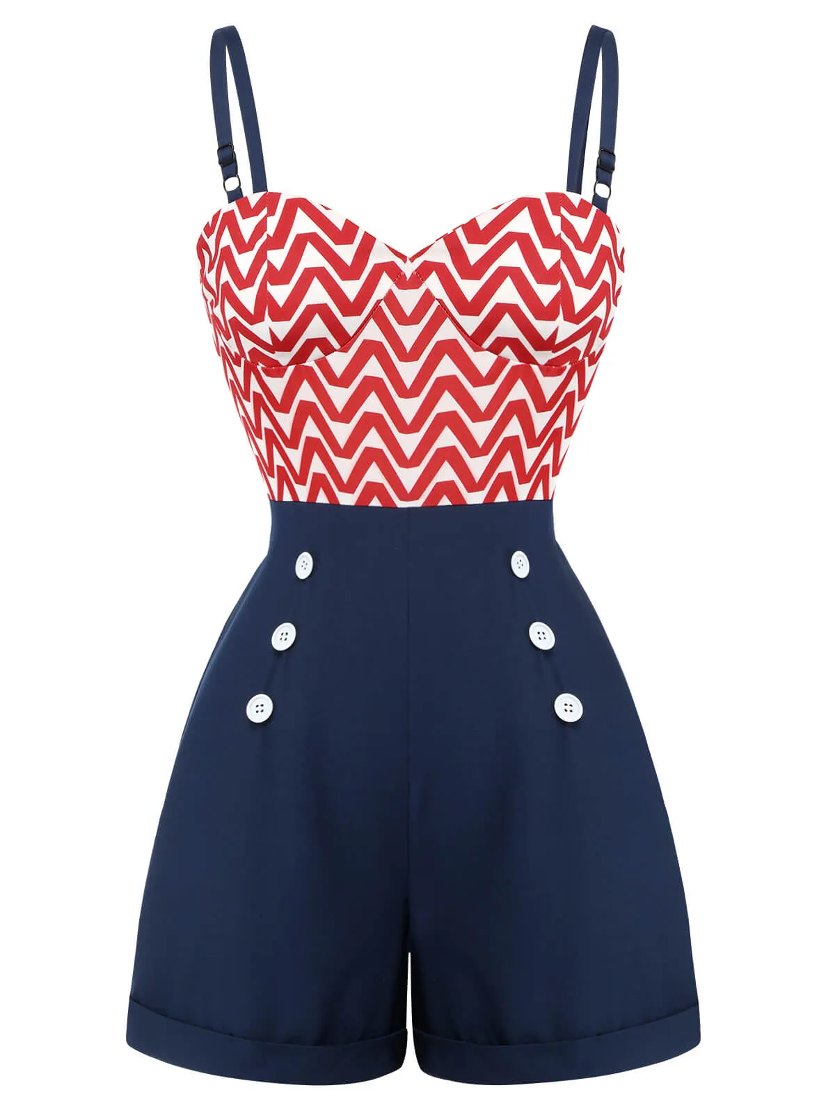 Red & Blue 1950s Chevron Stripe Strap Romper sold by Retro Stage product image thumbnail 4