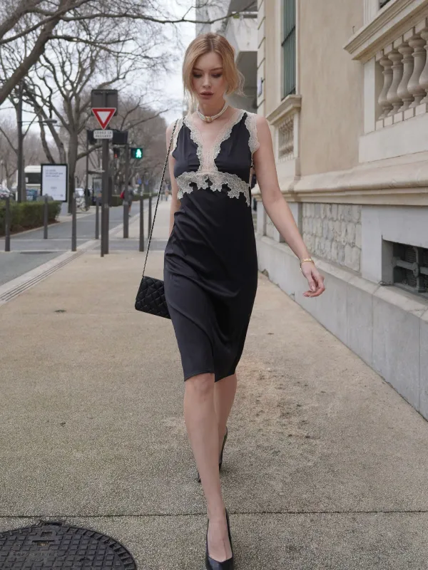 1950s Lace Backless V-Neck Satin Sleepwear sold by Retro Stage