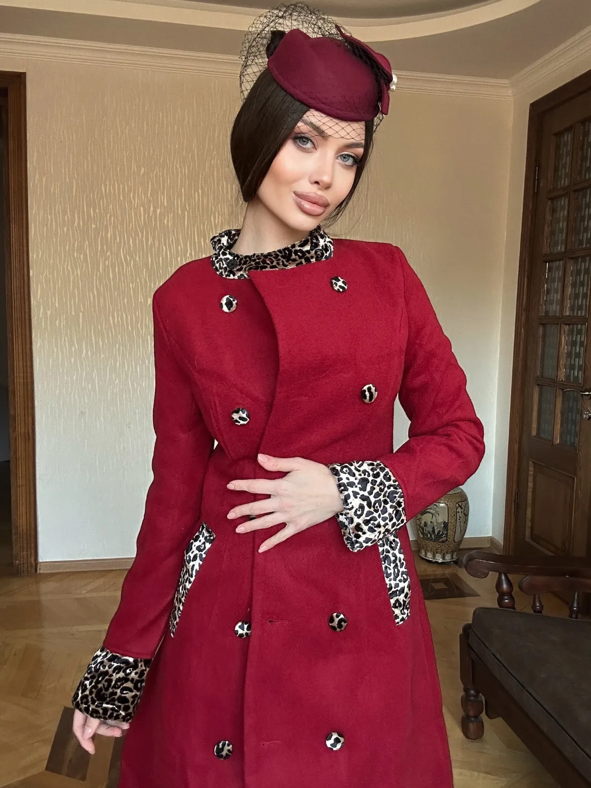 Wine Red 1950s Leopard Patchwork Button Coat sold by Retro Stage