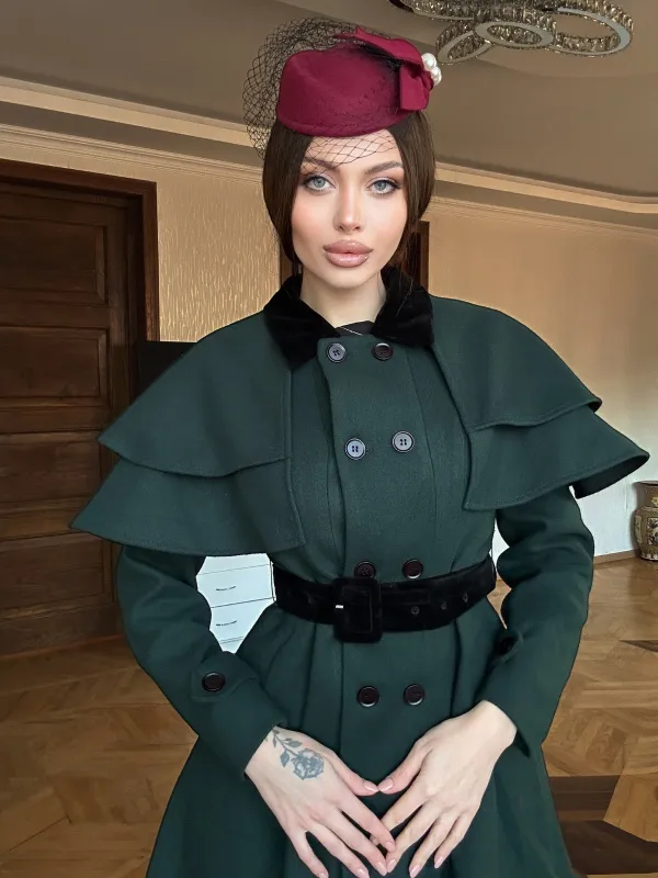 Green 1930s Double-Breasted Belted Coat With Cape sold by Retro Stage