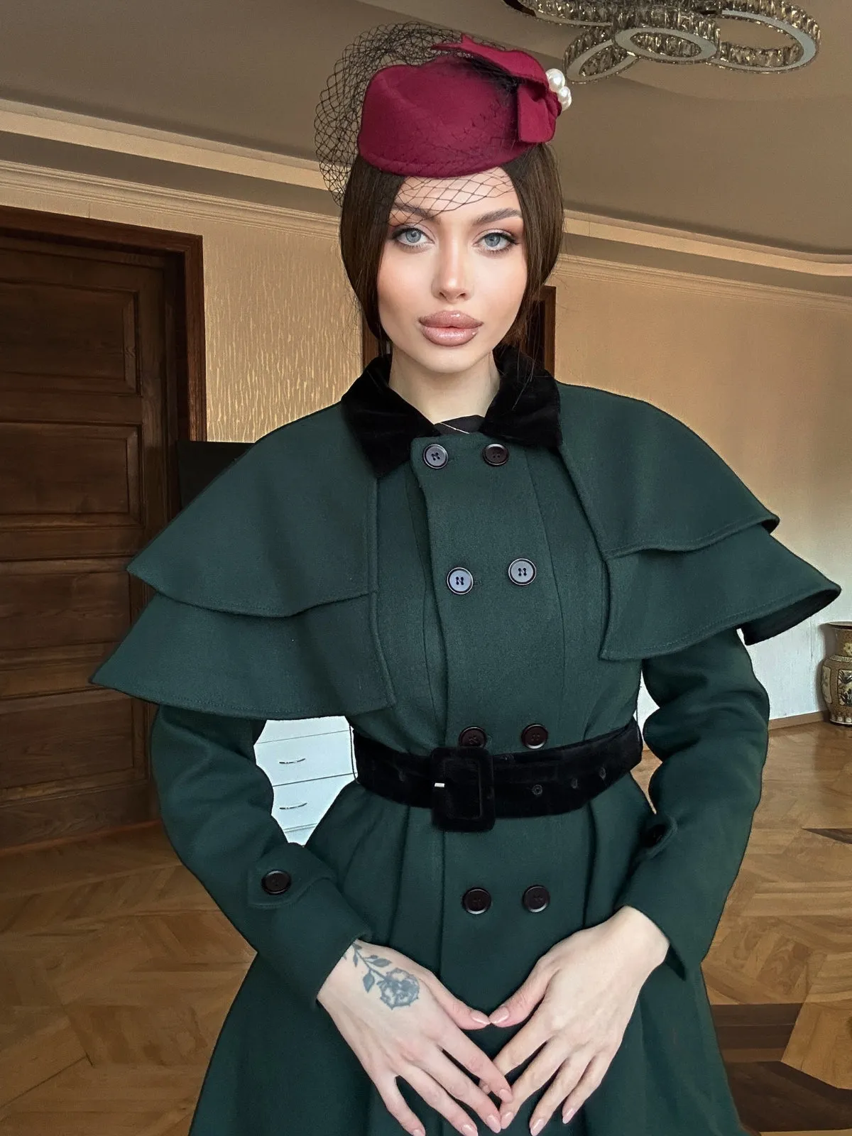 Green 1930s Double-Breasted Belted Coat With Cape sold by Retro Stage