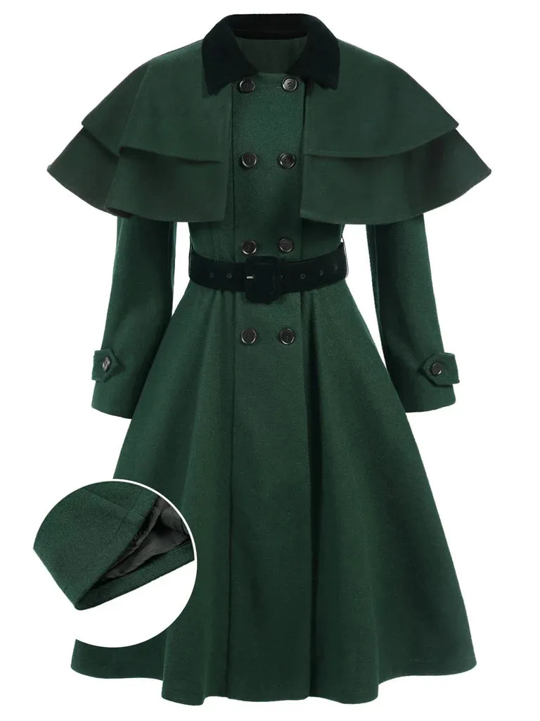 Green 1930s Double-Breasted Belted Coat With Cape sold by Retro Stage product image thumbnail 2