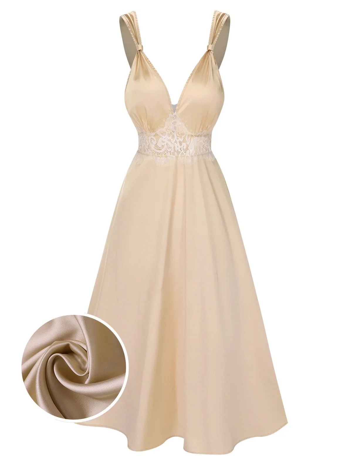Champagne 1930s Solid Lace Satin Nightgown sold by Retro Stage product image thumbnail 2