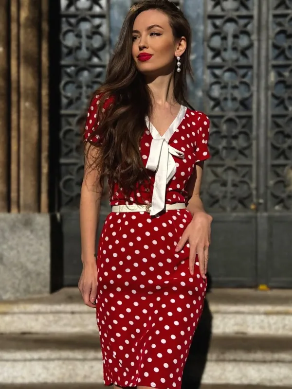 Red 1960s Polka Dots Tie Neck Dress sold by Retro Stage