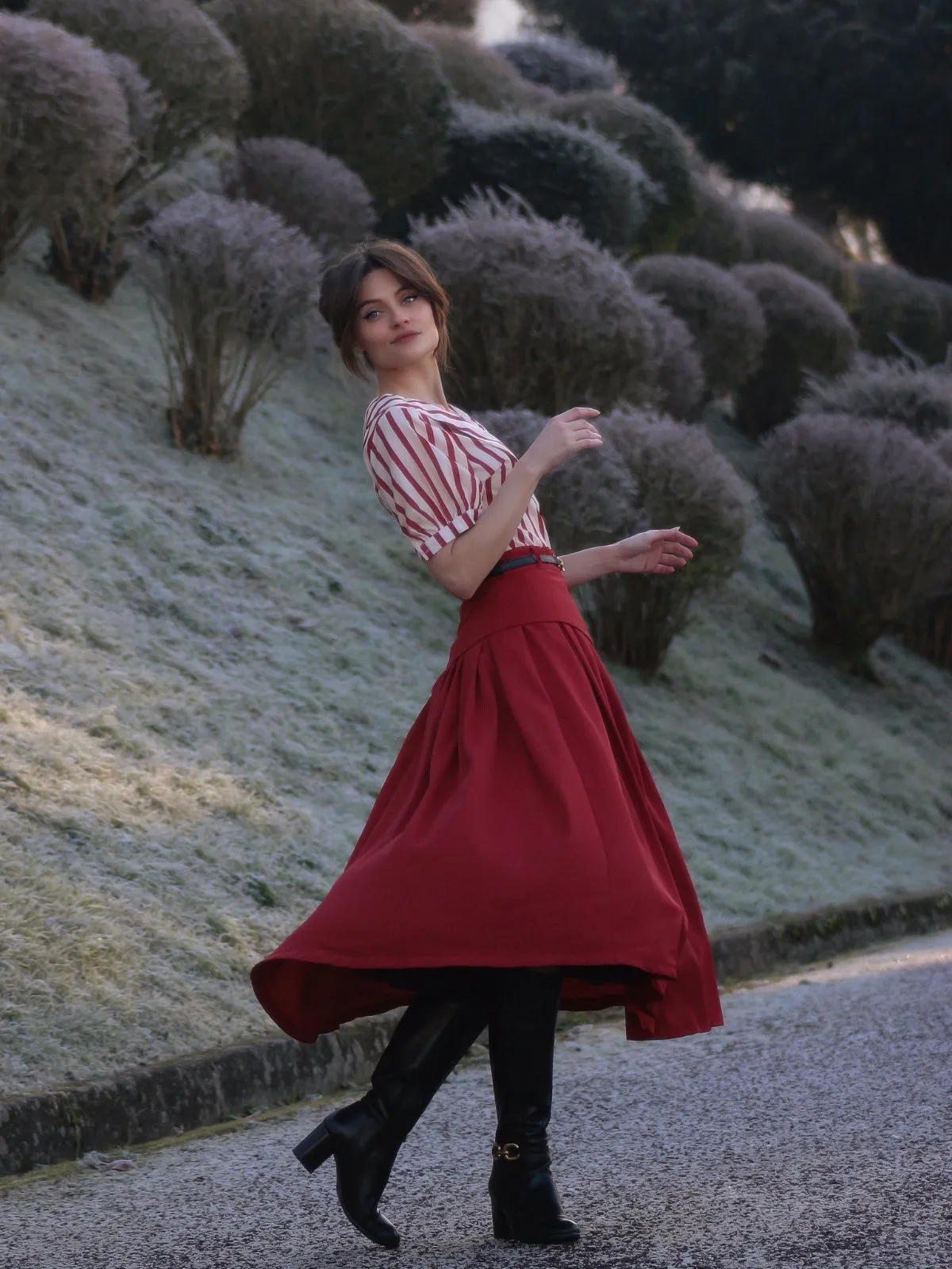 2PCS Orange Red 1950s Striped Blouse & Pleated Skirt sold by Retro Stage