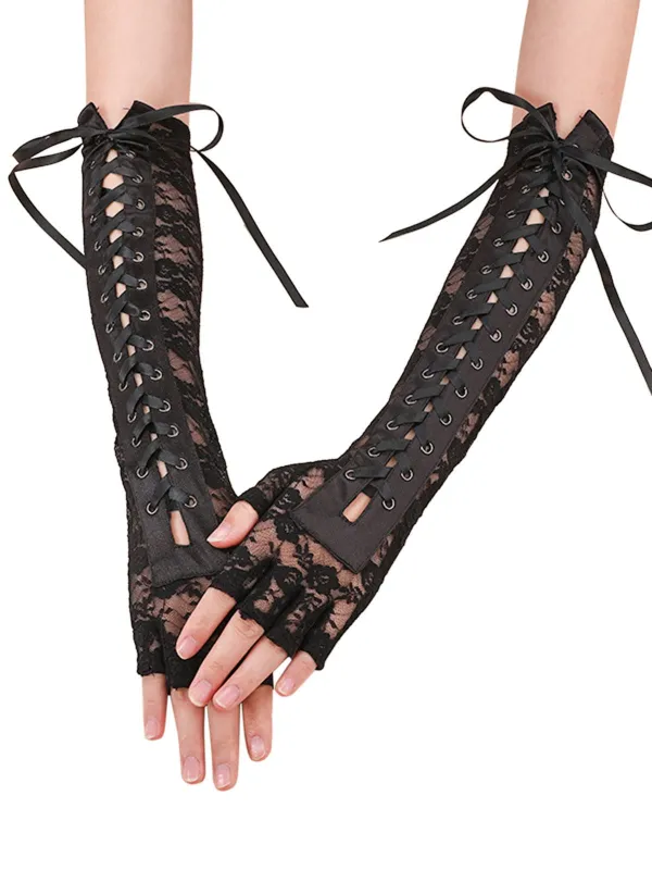 Halloween Punk Party Lace-Up Half Finger Gloves sold by Retro Stage