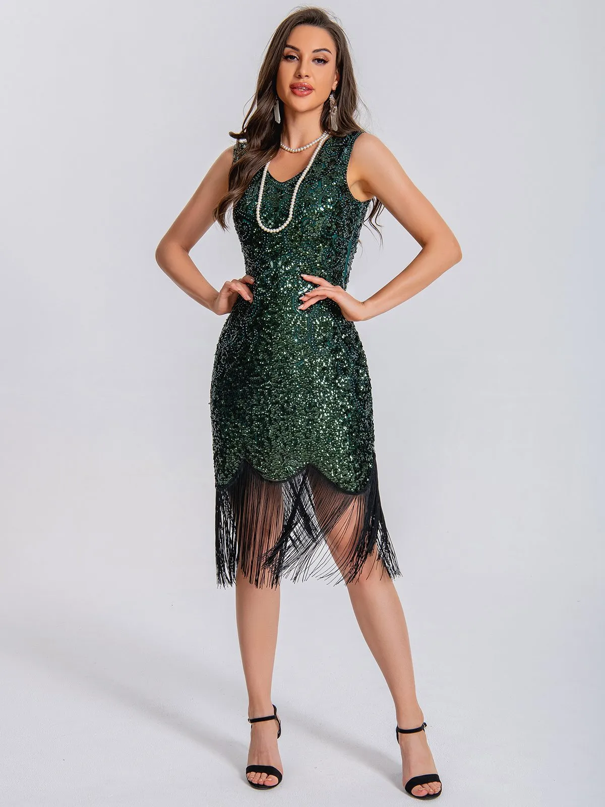 1920s V-Neck Symmetrical Pattern Tassel Sequined Dress sold by Retro Stage product image thumbnail 3