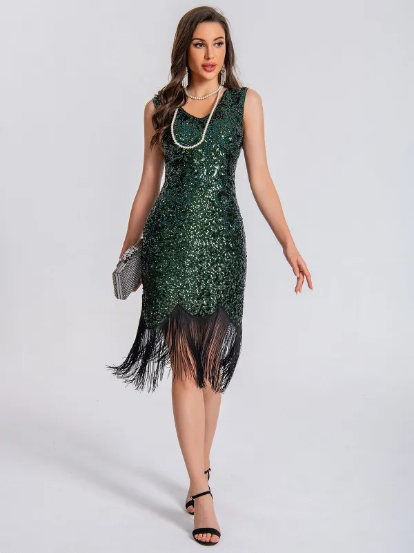 1920s V-Neck Symmetrical Pattern Tassel Sequined Dress sold by Retro Stage