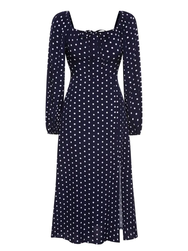 Blue 1940s Lantern Sleeve Polka Dots Dress sold by Retro Stage