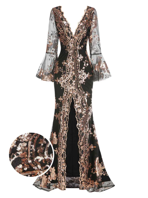 1930s Deep V-Neck Mesh Sequined Maxi Dress sold by Retro Stage