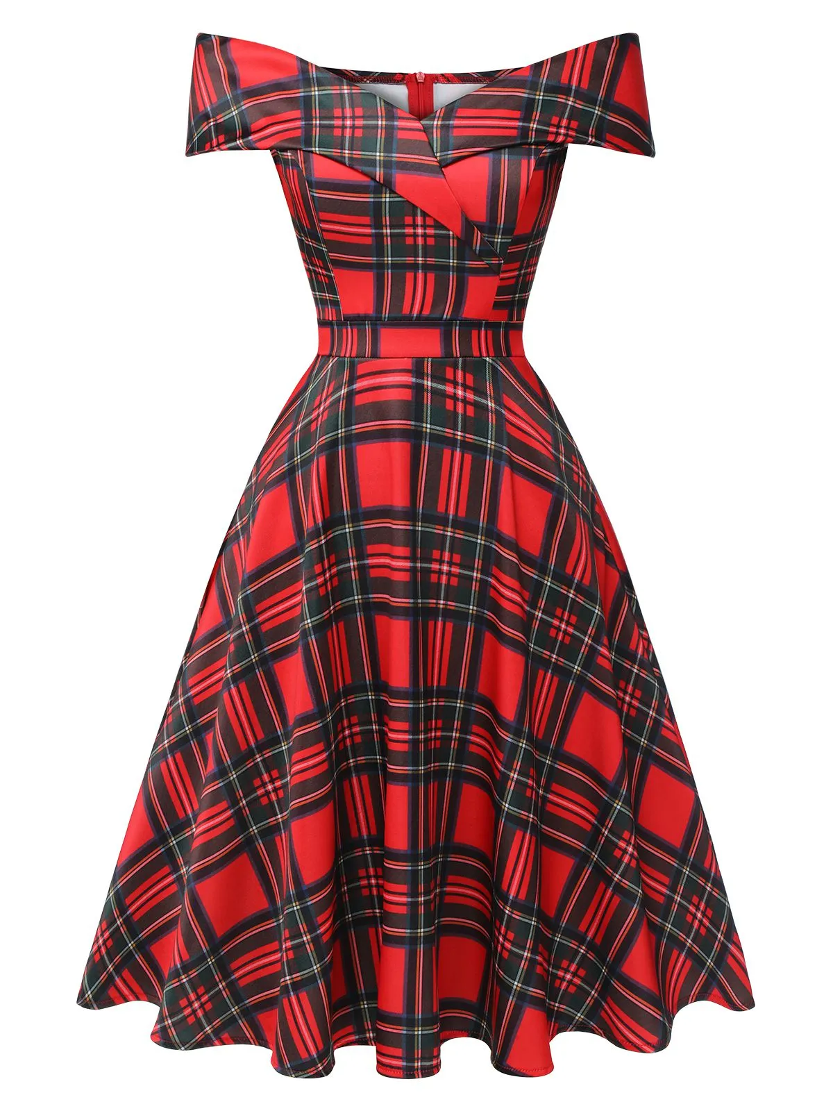 Red 1950s Christmas Plaid Off-Shoulder Dress sold by Retro Stage product image thumbnail 3