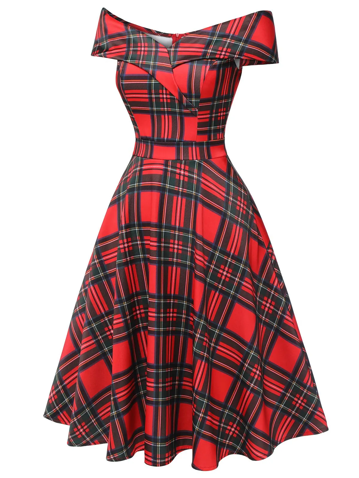 Red 1950s Christmas Plaid Off-Shoulder Dress sold by Retro Stage product image thumbnail 4