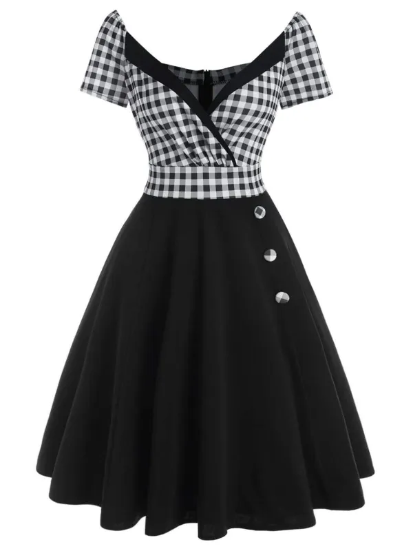 Black 1950s Plaids Button Swing Dress sold by Retro Stage