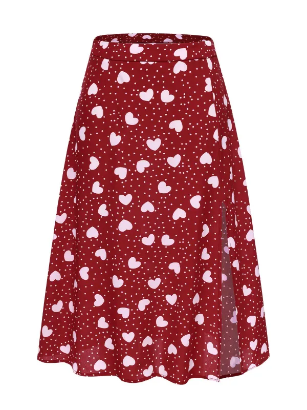 Red 1950s Heart Dots Slit A-Line Skirt sold by Retro Stage