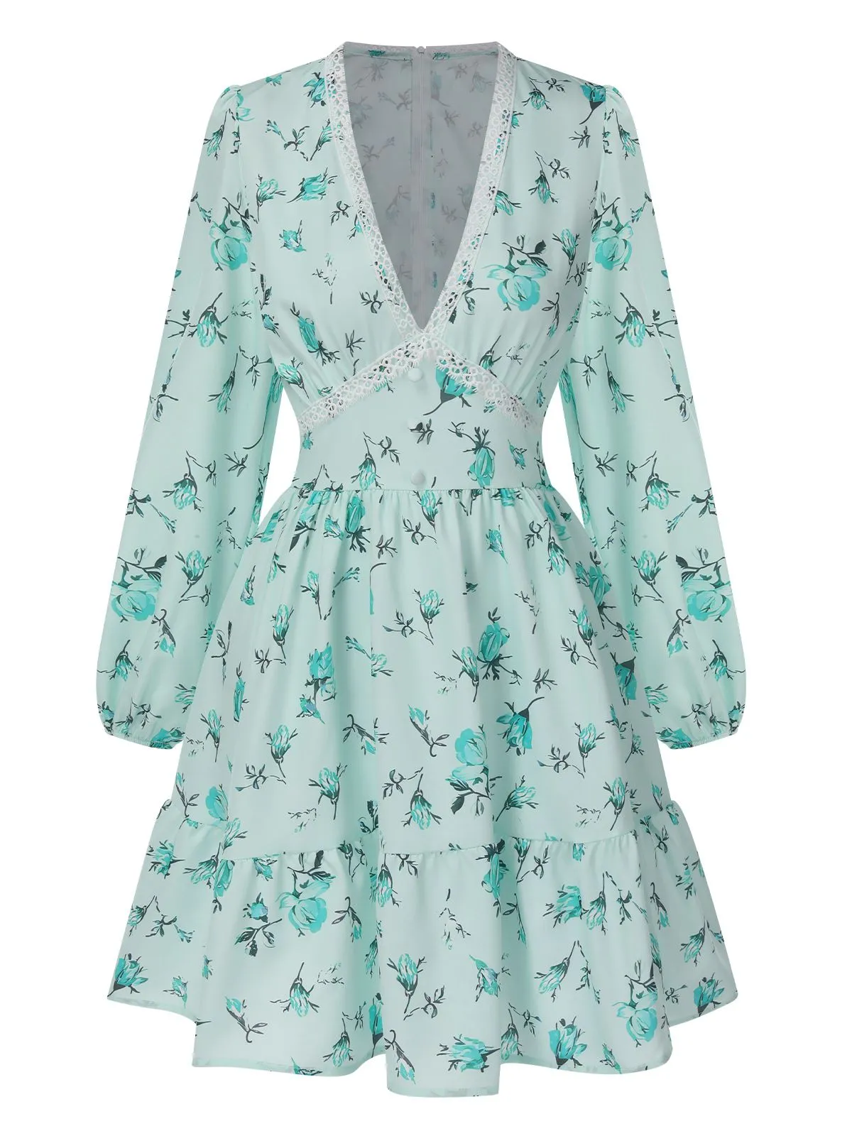 Green 1950s Deep V-Neck Puff Floral Dress sold by Retro Stage