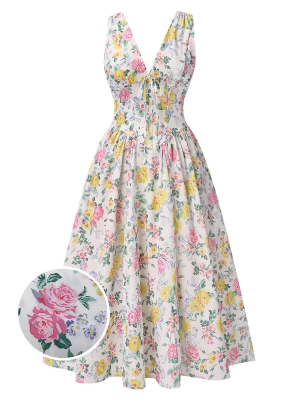 Multicolor 1950s Deep V-Neck Antique Floral Dress sold by Retro Stage