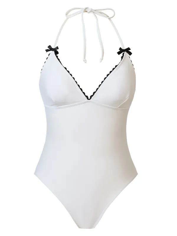 White 1950s Bow Lace-Up Halter Swimsuit sold by Retro Stage