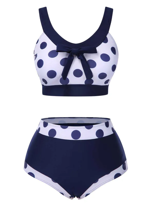 Navy Blue 1950s Polka Dots High-Waist Swimsuit sold by Retro Stage