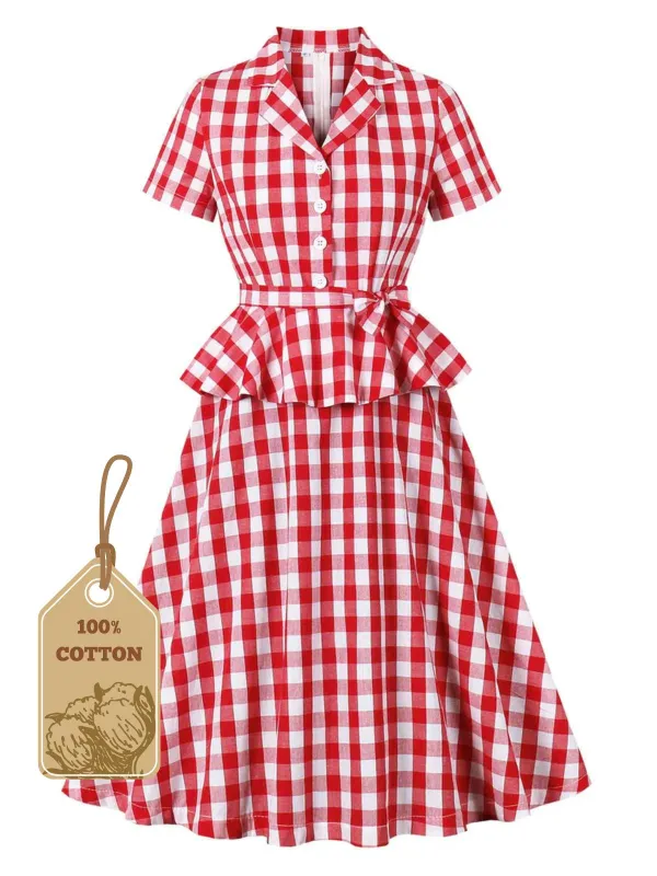 Red 1950s Pure Cotton Gingham Plaids Belted Dress sold by Retro Stage