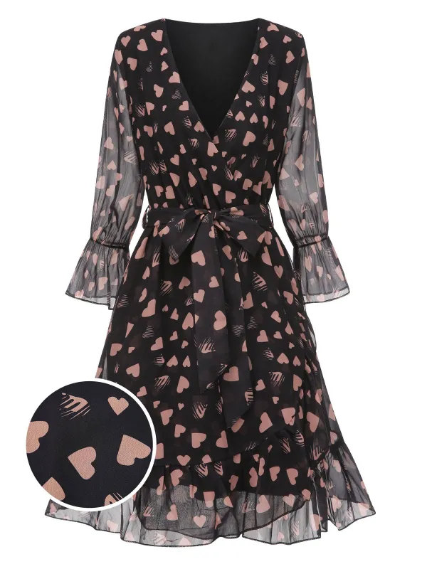 Black 1940s Heart Sheer Sleeves Wrap Dress sold by Retro Stage