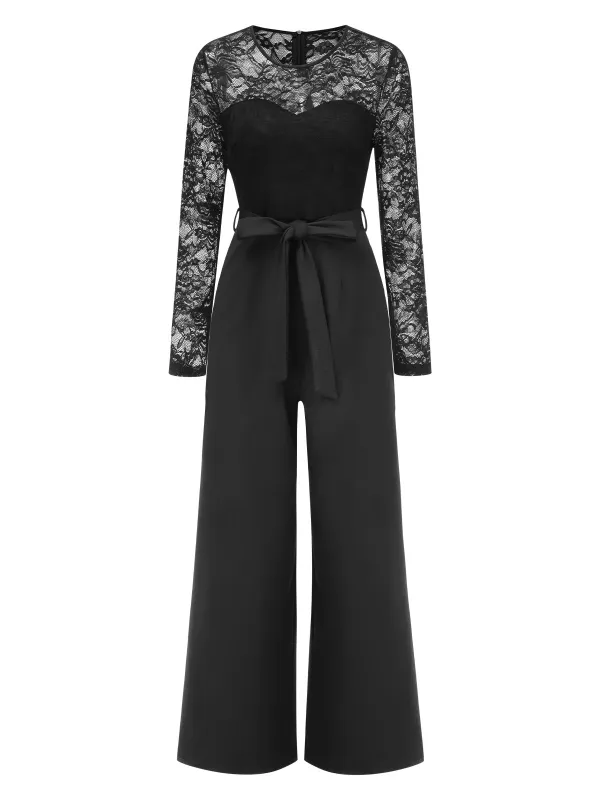 Black 1940s Solid Lace Patchwork Jumpsuit sold by Retro Stage