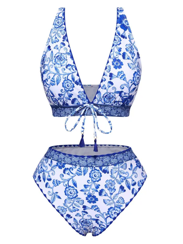 Blue 1970s Floral High-Waist Swimsuit sold by Retro Stage