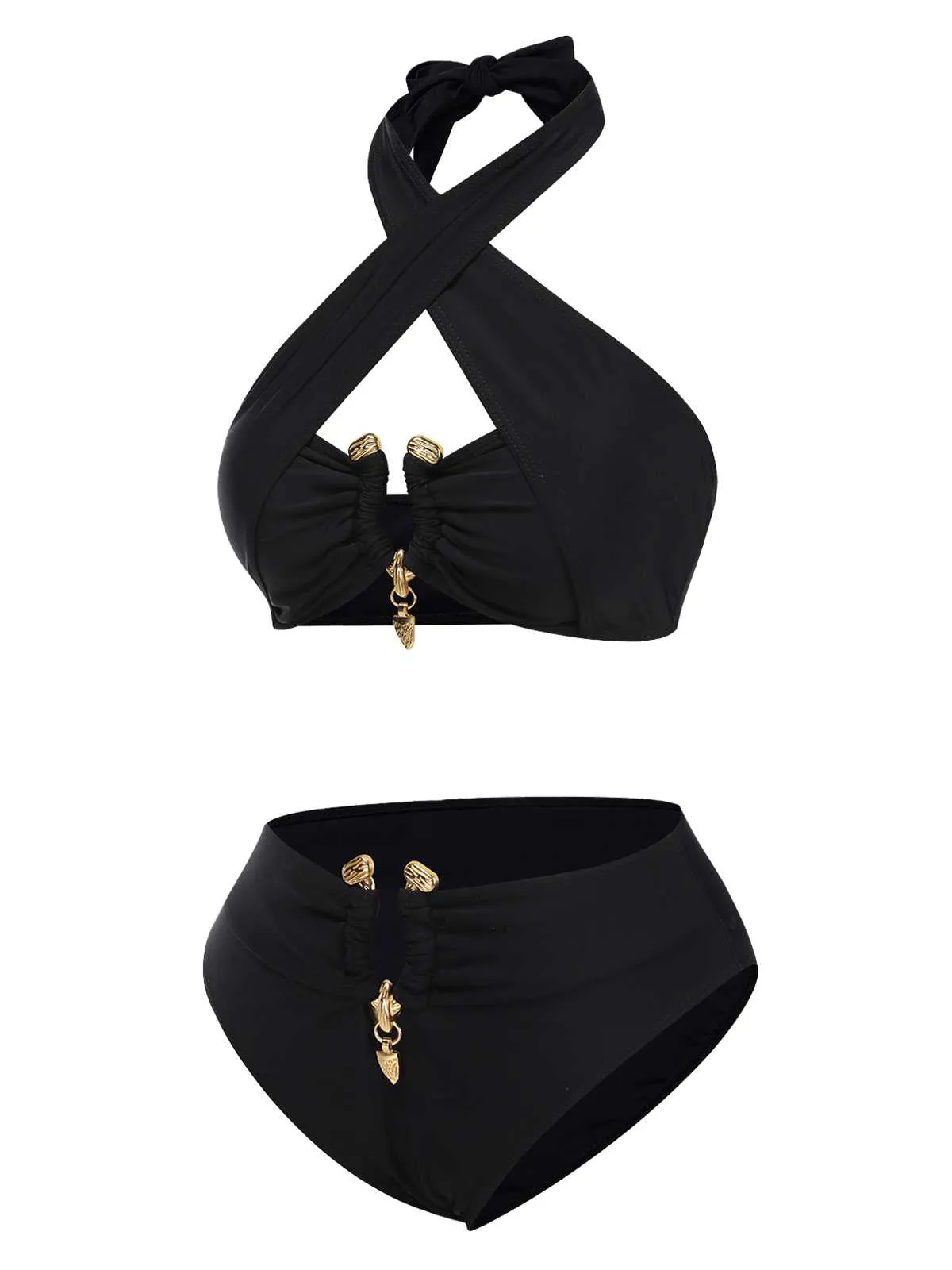 Black 1970s Halter Cross-Neck High-Waist Swimsuit sold by Retro Stage product image thumbnail 2