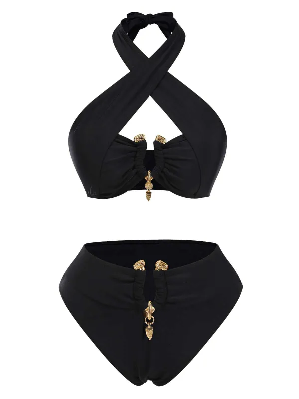 Black 1970s Halter Cross-Neck High-Waist Swimsuit sold by Retro Stage