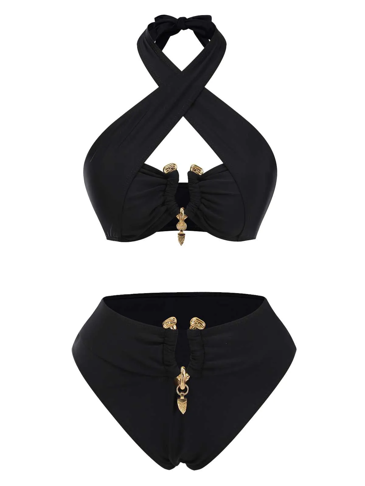 Black 1970s Halter Cross-Neck High-Waist Swimsuit sold by Retro Stage