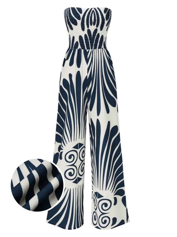 Blue 1960s Plants Off-Shoulder Wide-Leg Jumpsuit sold by Retro Stage