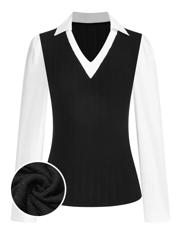 1940s Fleece Long-Sleeved V-Neck Ptachwork Blouse sold by Retro Stage