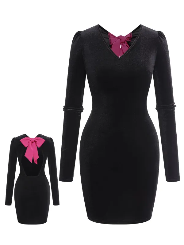 1960s Bowknot Velvet Open Back Contrast Color Dress sold by Retro Stage