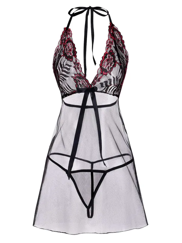 Black 1950s Lace-Up Halter Embroidered Sheer Nightdress sold by Retro Stage