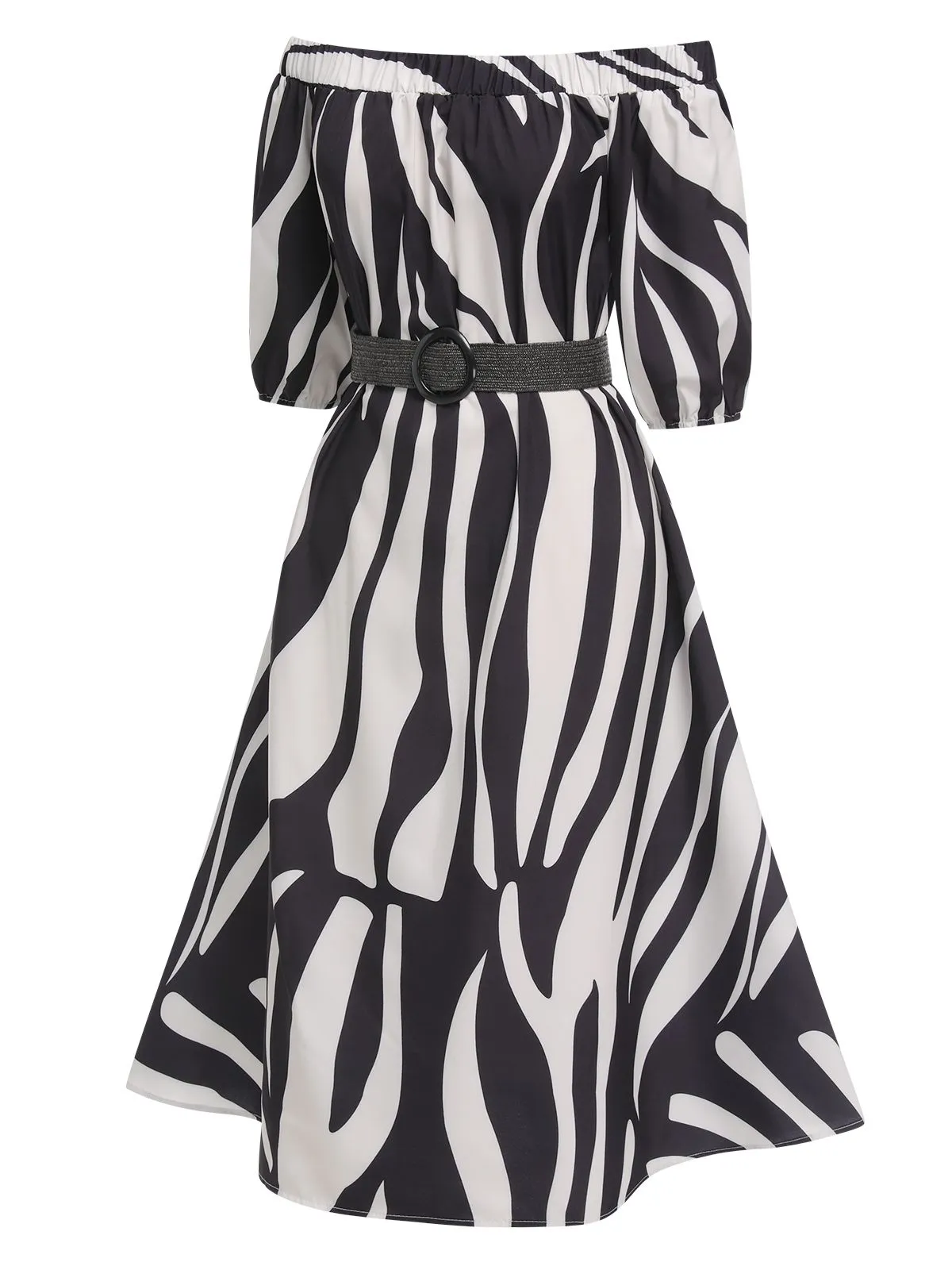 1940s Irregular Print Off-shoulder Belted Dress sold by Retro Stage product image thumbnail 3