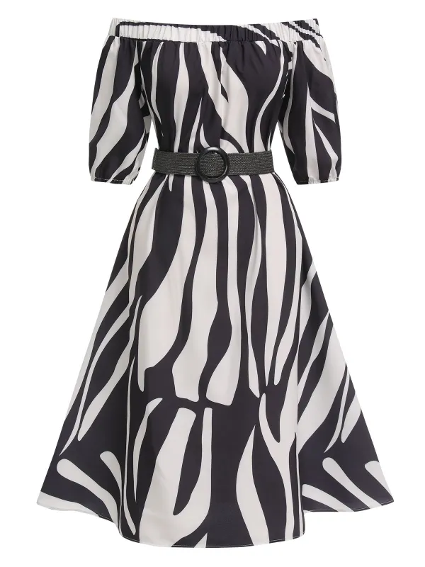 1940s Irregular Print Off-shoulder Belted Dress sold by Retro Stage