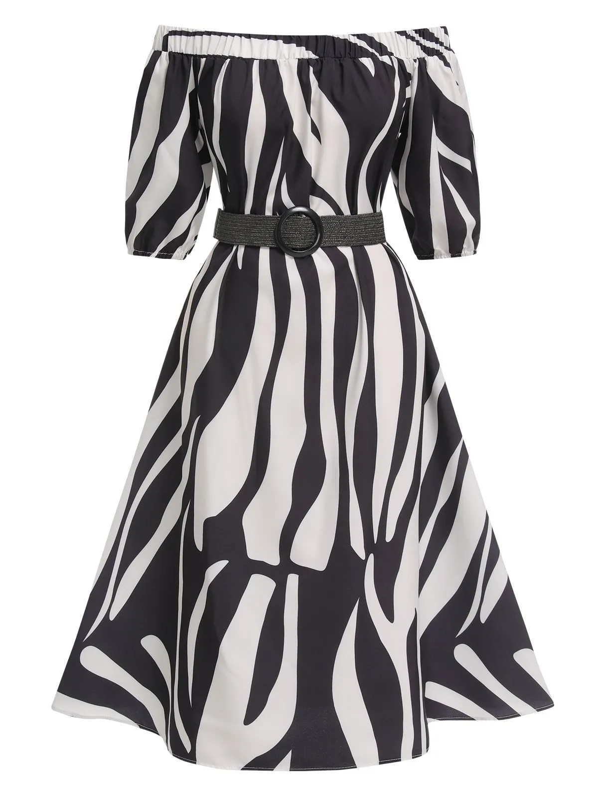 1940s Irregular Print Off-shoulder Belted Dress sold by Retro Stage