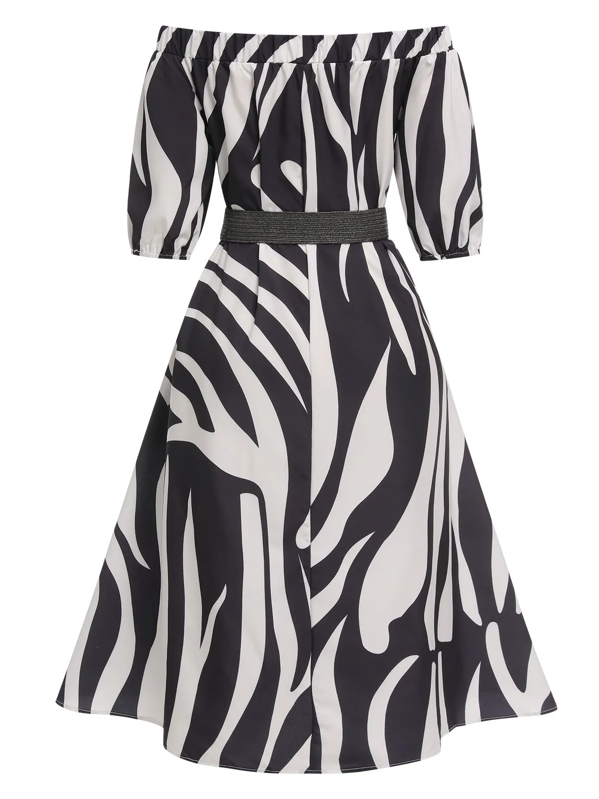 1940s Irregular Print Off-shoulder Belted Dress sold by Retro Stage product image thumbnail 2