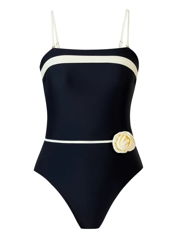 Black 1940s Contrast 3D Rose Belted Swimsuit sold by Retro Stage