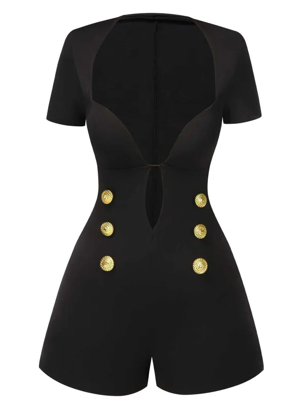 Black 1950s Cut-Out Buttoned Solid Romper sold by Retro Stage