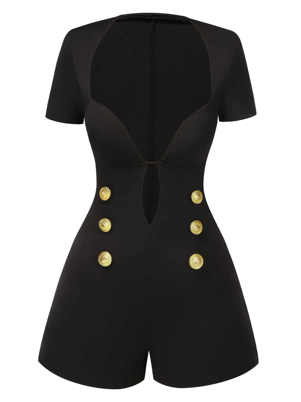 Black 1950s Cut-Out Buttoned Solid Romper sold by Retro Stage